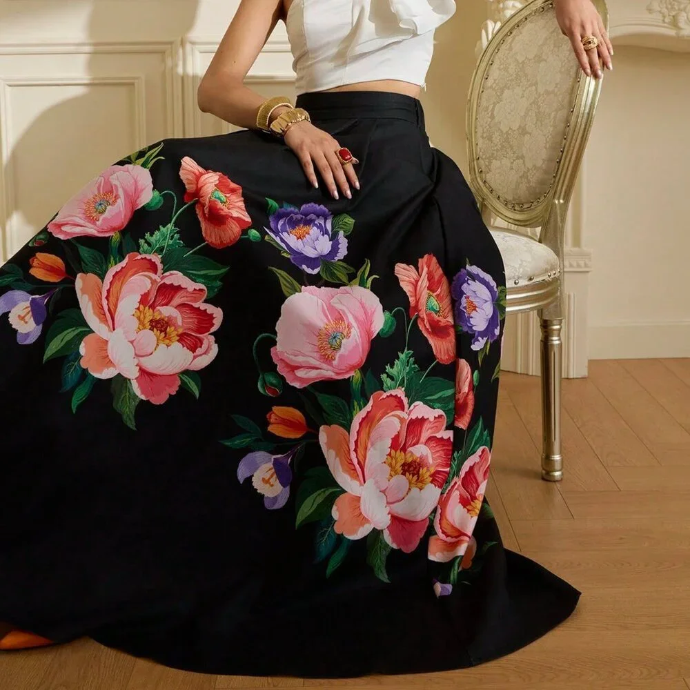 Black Elegant Women's Waist-Accented Patchwork A-Line Satin Skirt